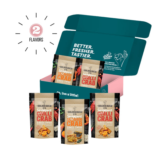 The Golden Duck SNACK BOX - 2 Flavors - (3) Chili Crab Seaweed Tempura 102 g & (2) Salted Egg Crab Seaweed Tempura 102 g