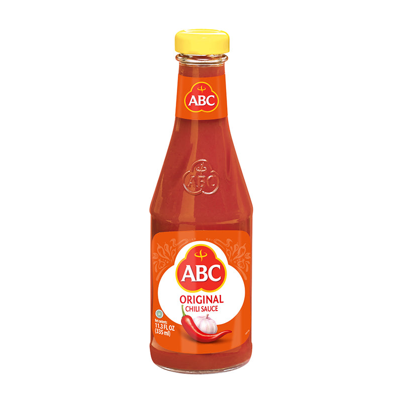 ABC Original Chili Sauce in a glass bottle of 11.3 fluid ounces. A head / bulb of garlic and fresh chilies are pictured.