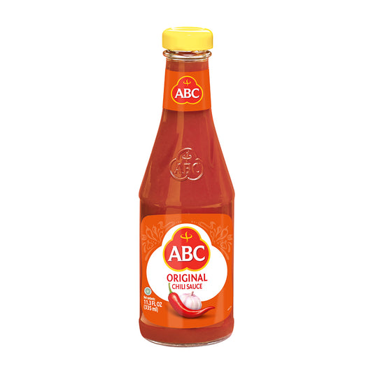 ABC Original Chili Sauce in a glass bottle of 11.3 fluid ounces. A head / bulb of garlic and fresh chilies are pictured. 