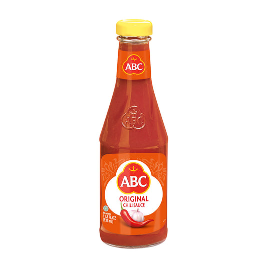 ABC Original Chili Sauce in a glass bottle of 11.3 fluid ounces. A head / bulb of garlic and fresh chilies are pictured.