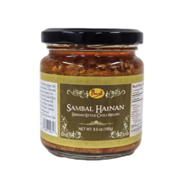 A jar of Runel Sambal Hainan Hainan Style Chili Relish, showing the green label, black lid, and 6.5 oz (185g) size.