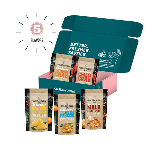 The Golden Duck SNACK BOX - 5 Flavors - Salted Egg Fish Skin 105 g, Chili Crab Seaweed Tempura 102 g, Salted Egg Crab Seaweed Tempura 102 g, Salted Egg Potato Ridges 105 g, Mala Hot Pot Mix 108 g