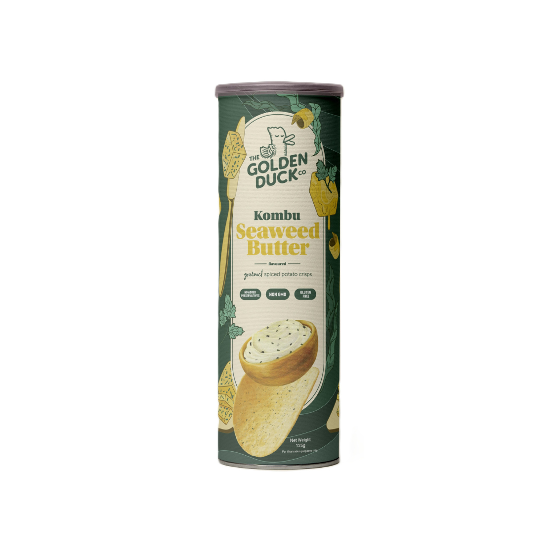A cylindrical can of The Golden Duck Kombu Seaweed Butter Potato Crisps (125g). The packaging is deep green with illustrations of crispy chips, kombu seaweed, and a buttery drizzle. The Golden Duck logo, featuring a cartoon duck illustration, is displayed at the top. The label highlights that the crisps have no added preservatives, are non-GMO, and gluten-free.