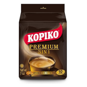 The image displays the packaging for Kopiko Premium 3 in 1 Strong & Rich Coffee Mix. The package is primarily dark brown, featuring the bold "Kopiko" logo in white and red, with "Premium 3 in 1" written in gold text. A steaming cup of rich coffee is illustrated in the center, with coffee beans and the phrase "Strong & Rich Coffee Mix" near the bottom. It contains 10 sachets with a total net weight of 7 oz (200g). The design conveys a luxurious and robust coffee experience.