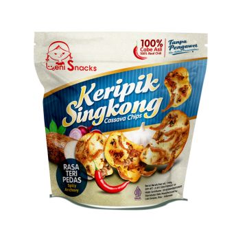 The image shows a package of "Keripik Singkong" (Cassava Chips) from the brand "Leni Snacks." The flavor is "Rasa Teri Pedas" (Spicy Anchovy), and the package emphasizes that it contains 100% real chili and no added preservatives. The design features cassava chips and ingredients like chilies, onions, and garlic. The background is predominantly blue with a large, bold label indicating the product name.