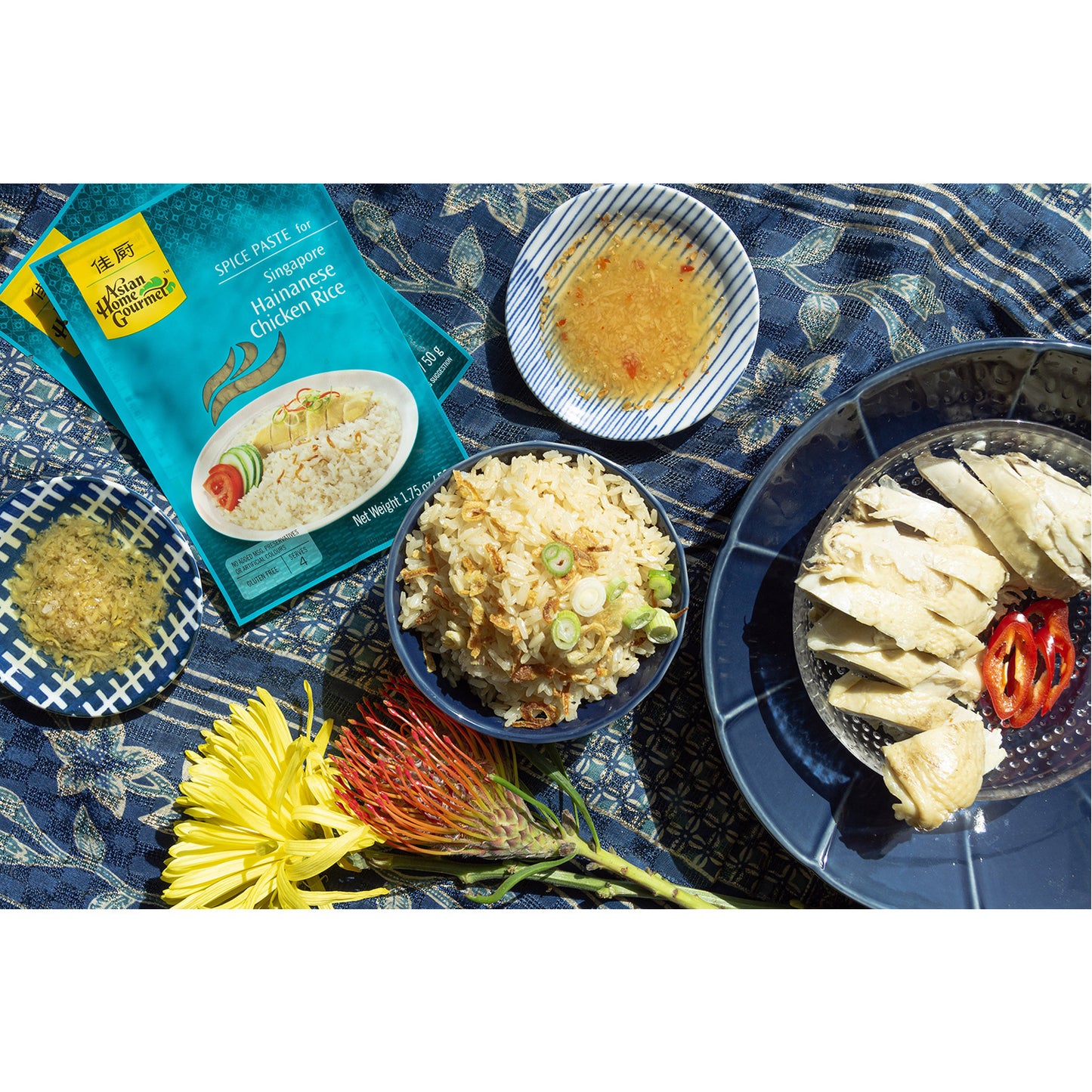 A lifestyle photograph of hainanese rice, steamed chicken, garlic, chili sauces on a picnic blanket is pictured.