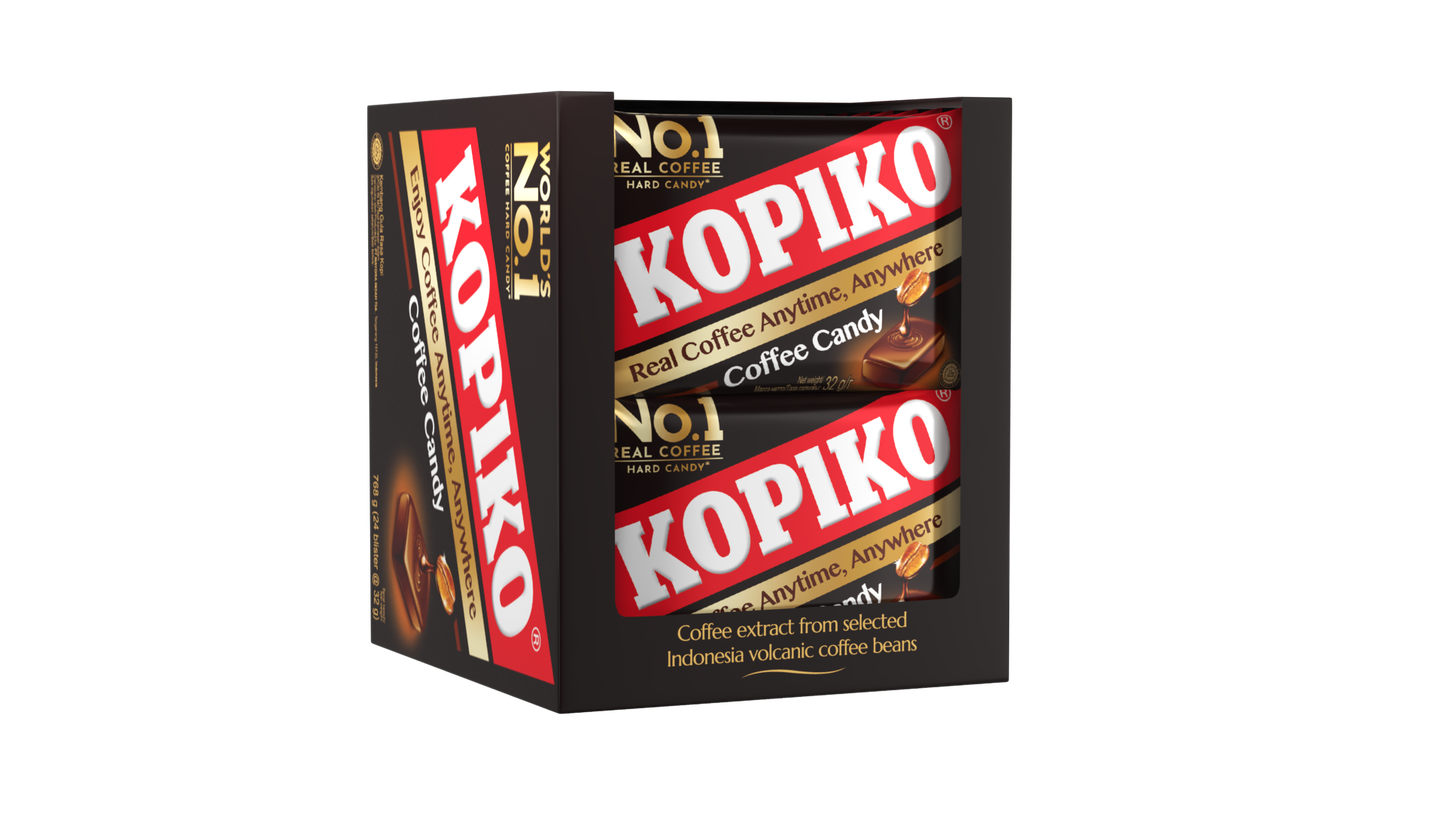 Kopiko World's #1 Hard coffee candy. Made of real coffee. Real coffee anytime, anywhere. Display box with blister packs front facing.