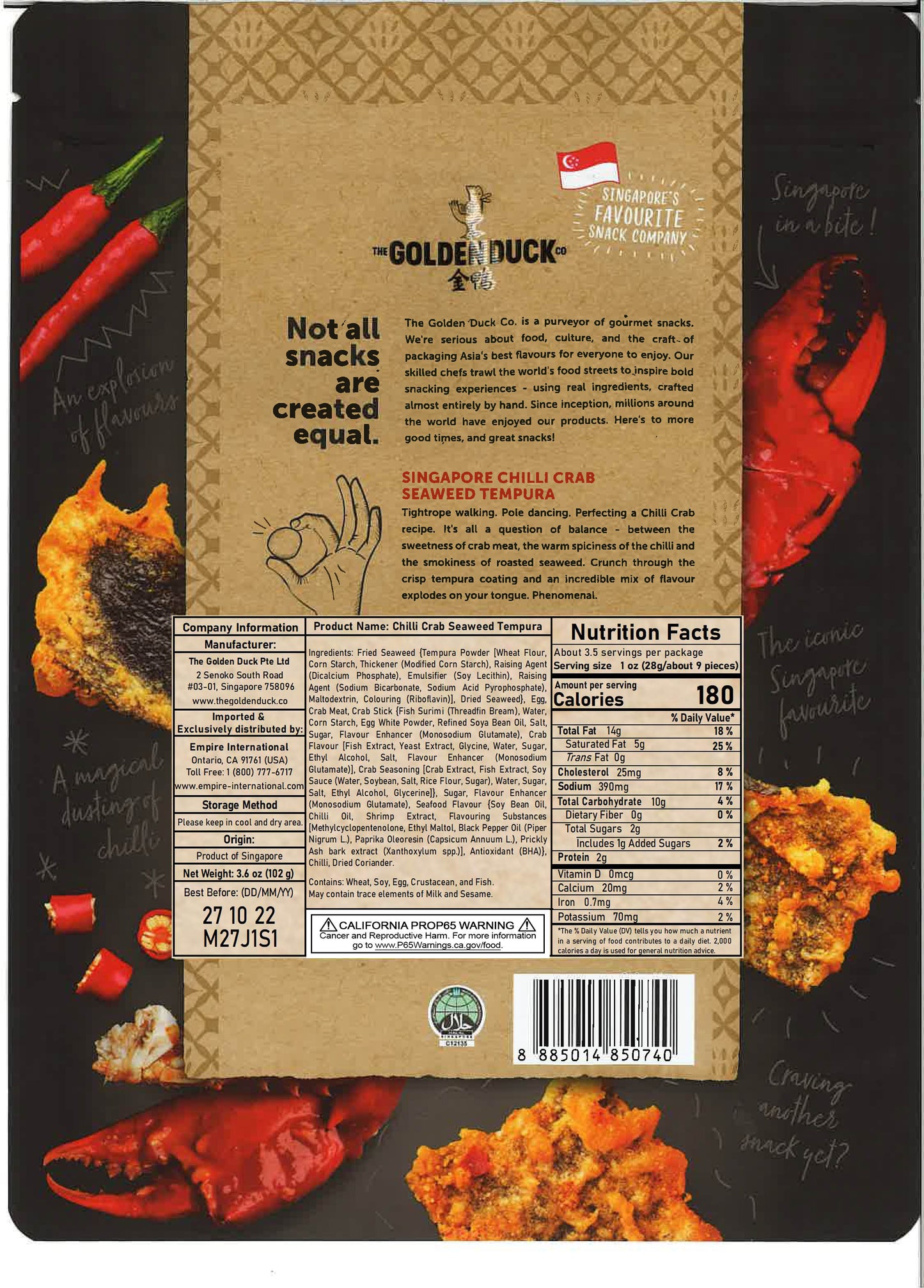 The back packaging of the Golden Duck Singapore Chili Crab Seaweed Tempura nutrition facts, ingredients, and brand story is shown in the packaging.