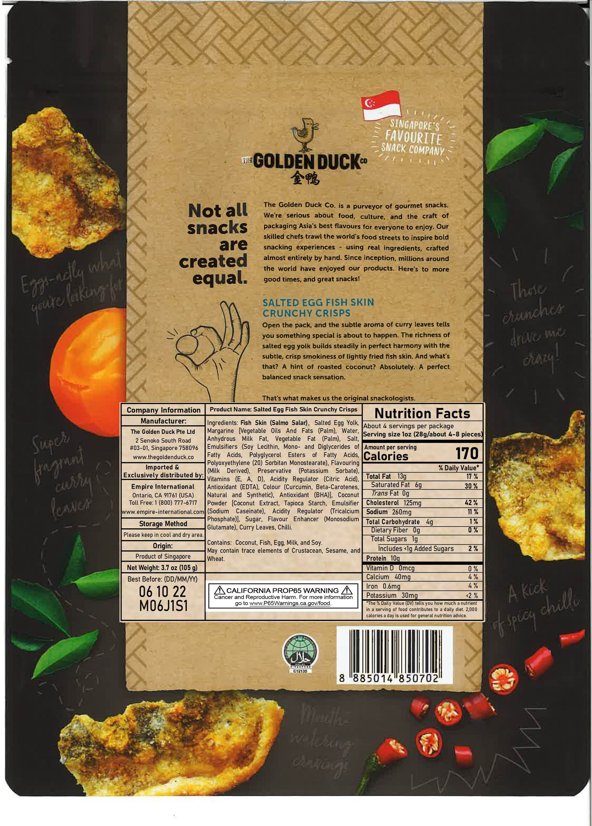 The back packaging of the Golden Duck Salted Egg Fish Skin 105 gr. Nutrition Facts, Ingredients list, and product descriptions are listed in the back packaging