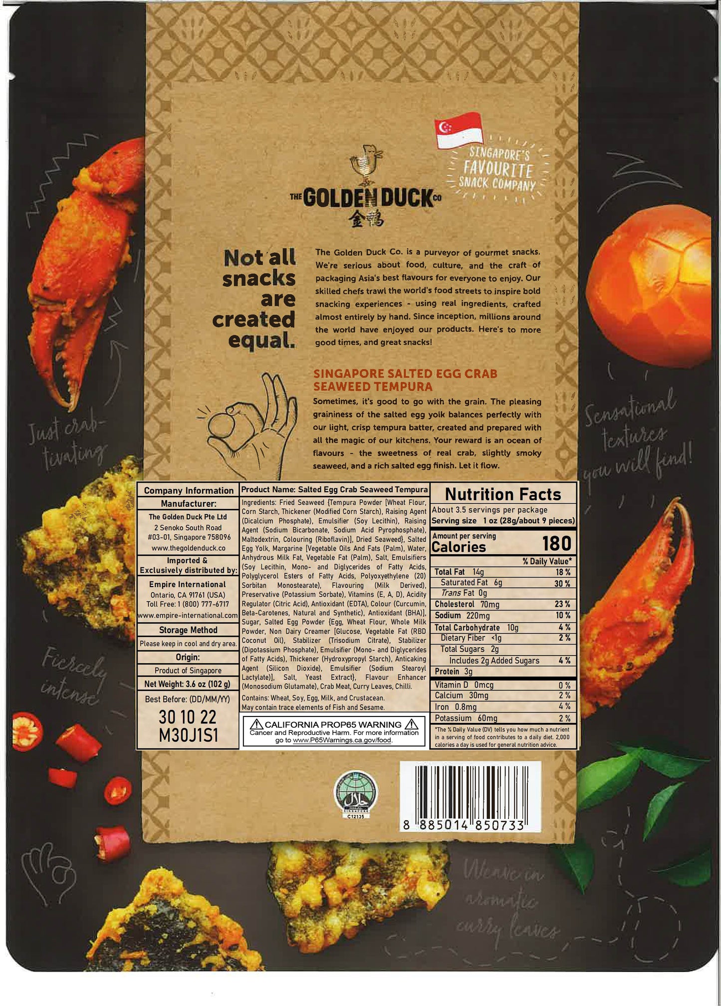 The back packaging of the Golden Duck Singapore Salted Egg Crab Seaweed Tempura with nutrition facts, ingredients, and brand story is shown in the bag. A Singaporean flag because Golden Duck is Singapore's favorite snacks.
