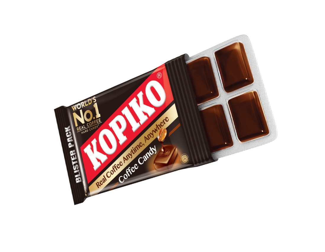 An image of Kopiko Coffee candy blister pack with coffee candies shown.