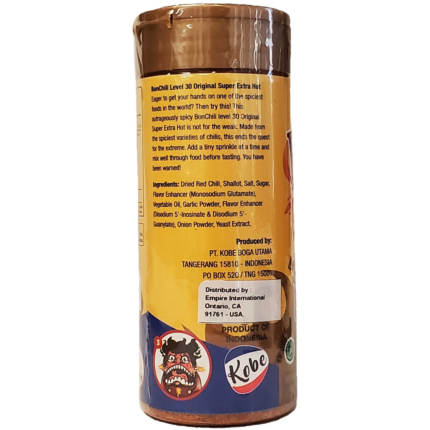 Back POV (Description and ingredients list) of the Kobe Bon Chili level 30 yellow bottle.