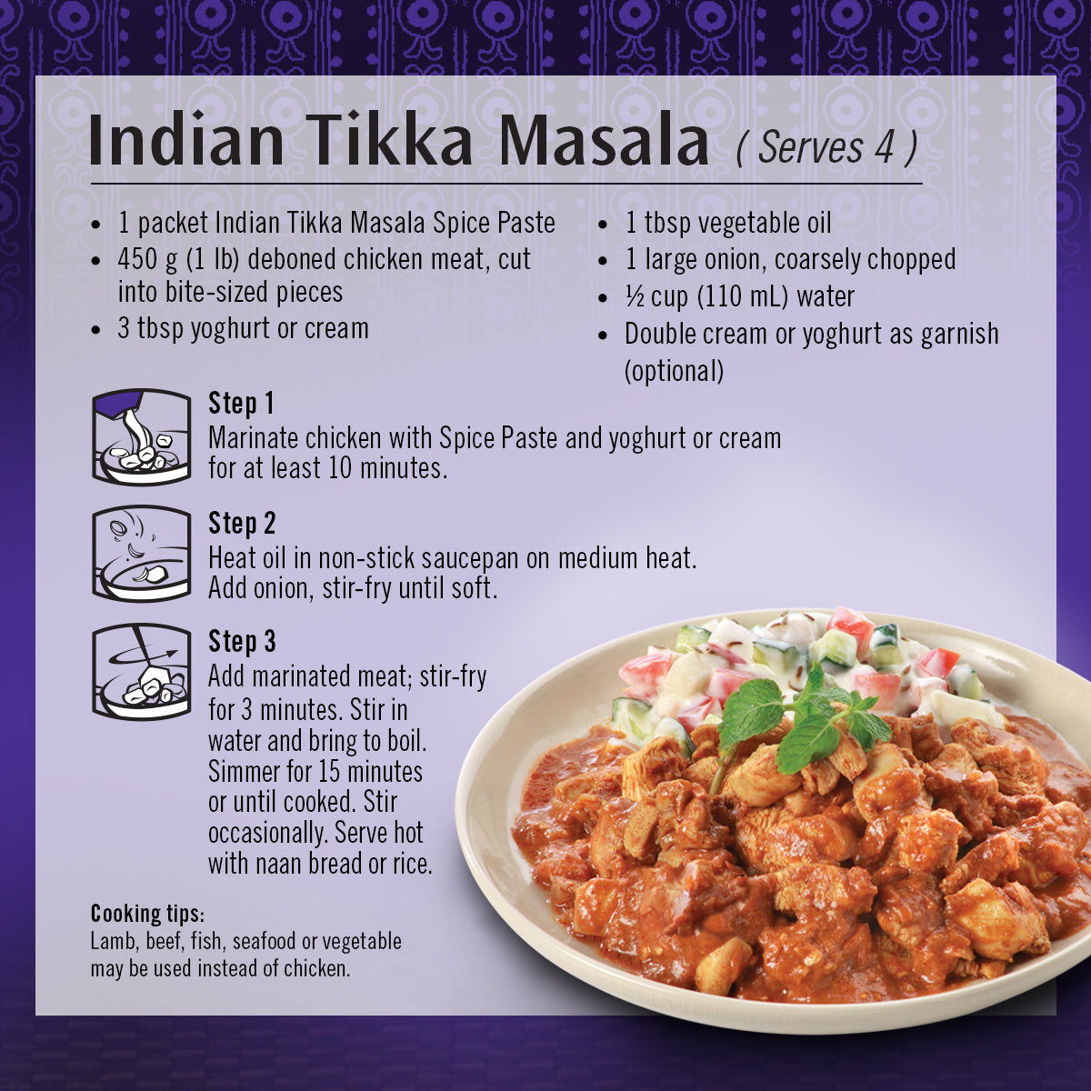 Asian Home Gourmet Indian Tikka Masala cooking instructions.