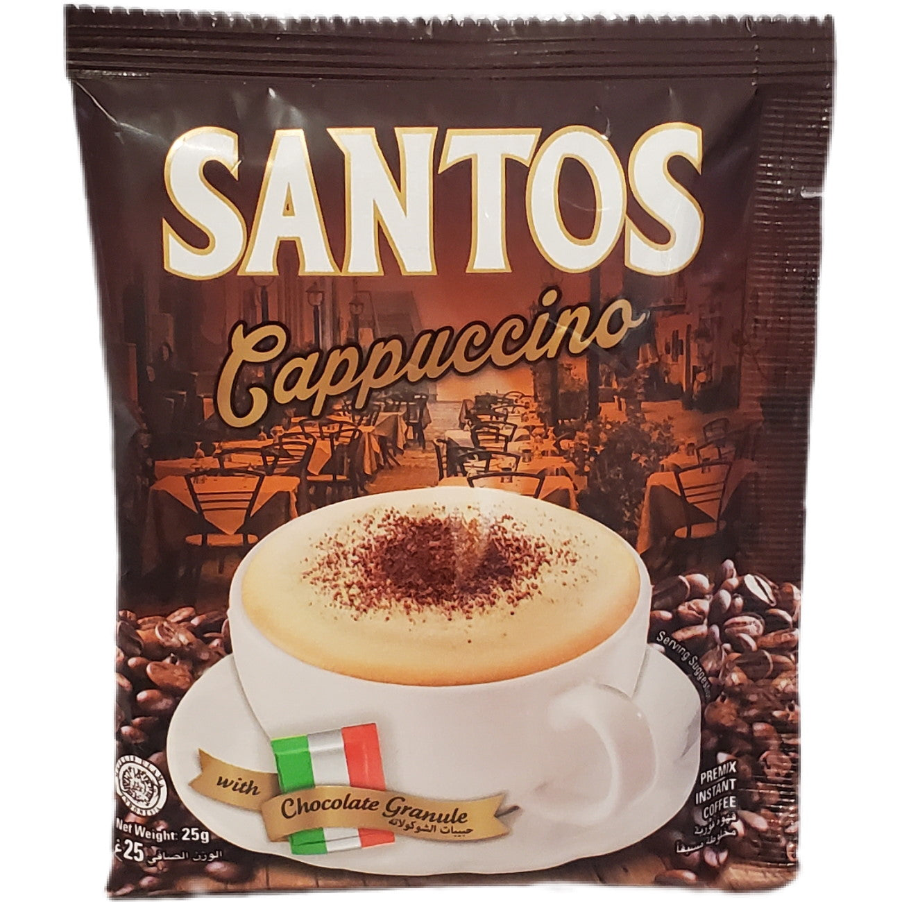 Santos Cappuccino sachet. Coffee beans and a cup of foamy cappuccino sprinkled with chocolate granules are pictured.