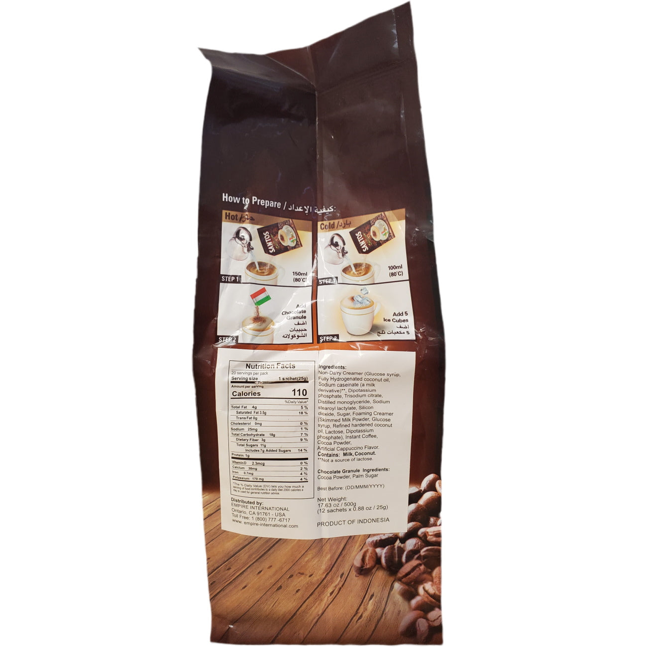 Santos Cappuccino Coffee side POV (how to prepare the coffee, Nutrition facts, and ingredients list are pictured).