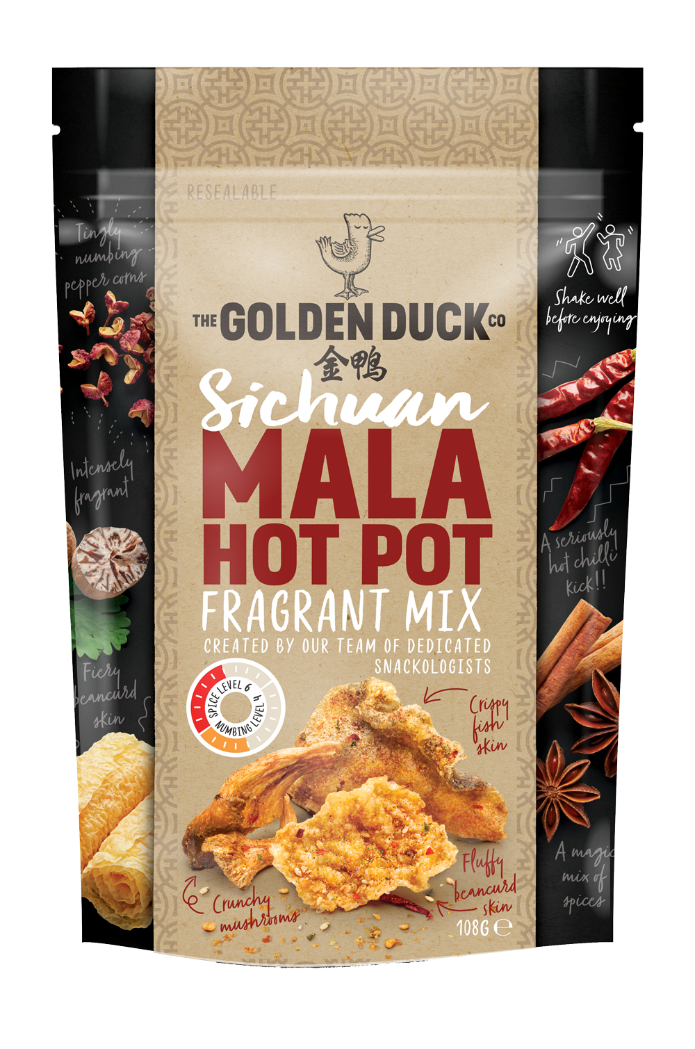 brown bag of The Golden Duck Sichuan Mala Hot Pot Fragrant mix. The front of the bag featured all the crunchy snacks including fish skin, beancurd, and mushrooms. Also pictured fresh herbs like Chilis, cinnamon, mushrooms, pepper, and salts. Level 6 numbing levels