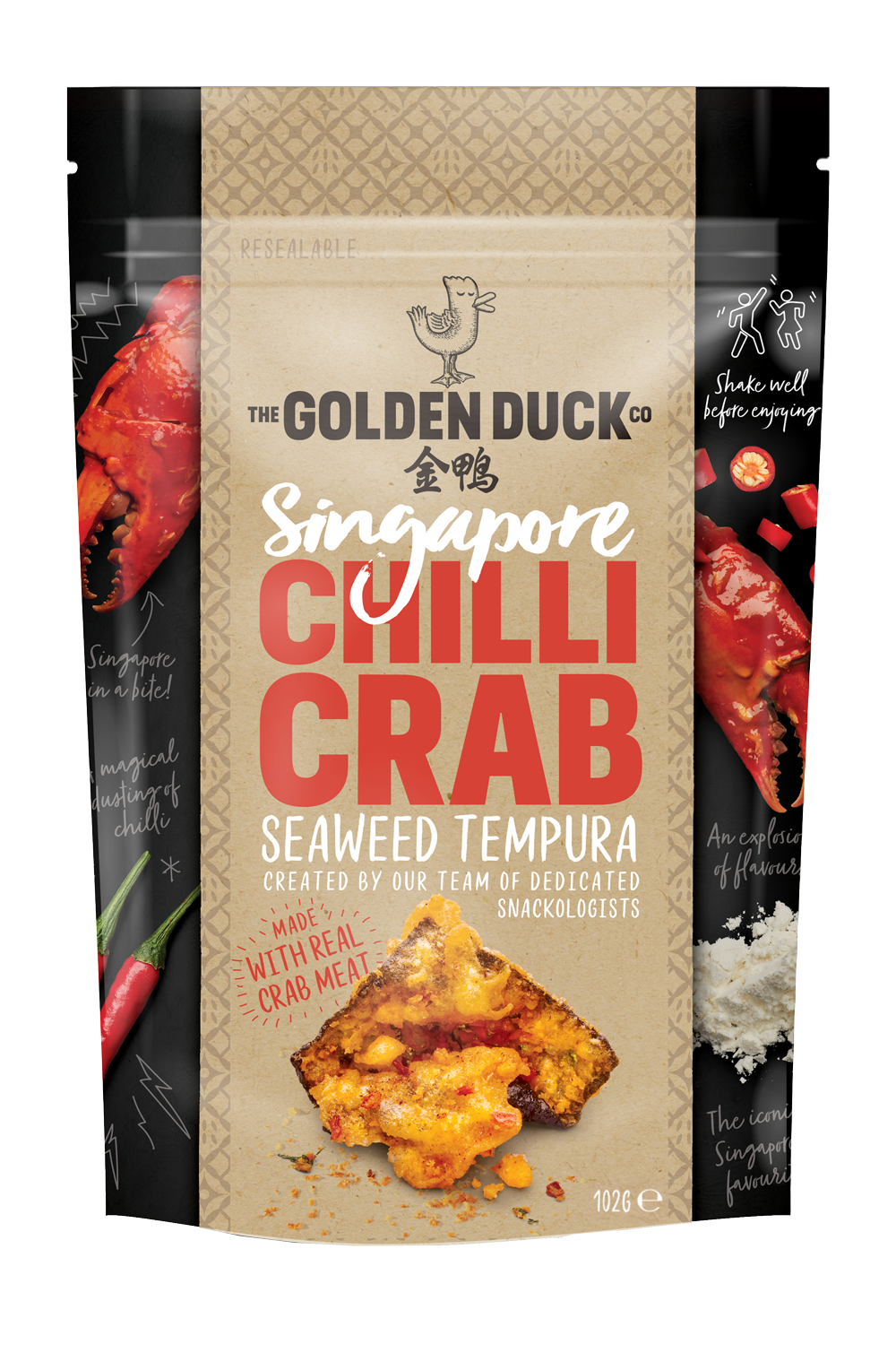 A bag of The Golden Duck Singapore Chili Crab Seaweed Tempura 102 gr bag. An image of crumbly crunchy Seaweed Tempura and a duck logo are pictured in the front bag.