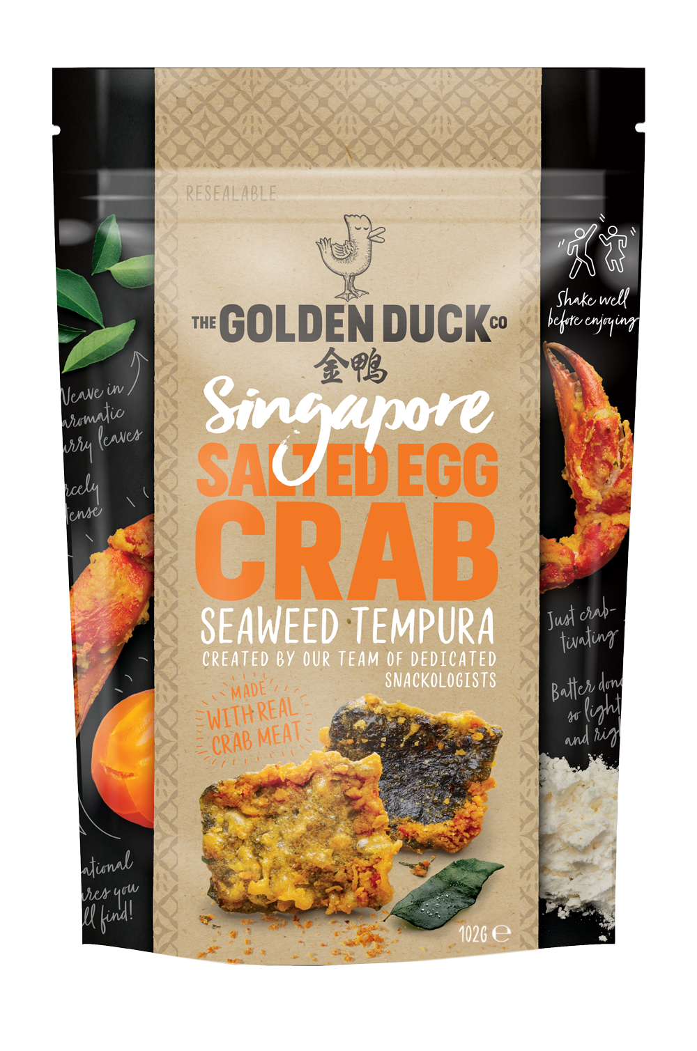 The Golden Duck Salted Egg Crab Seaweed Tempura from Singapore. A couple pieces of crunchy seaweed tempura is shown in the bag 102 gr. A logo of duck is shown on top of the bag.