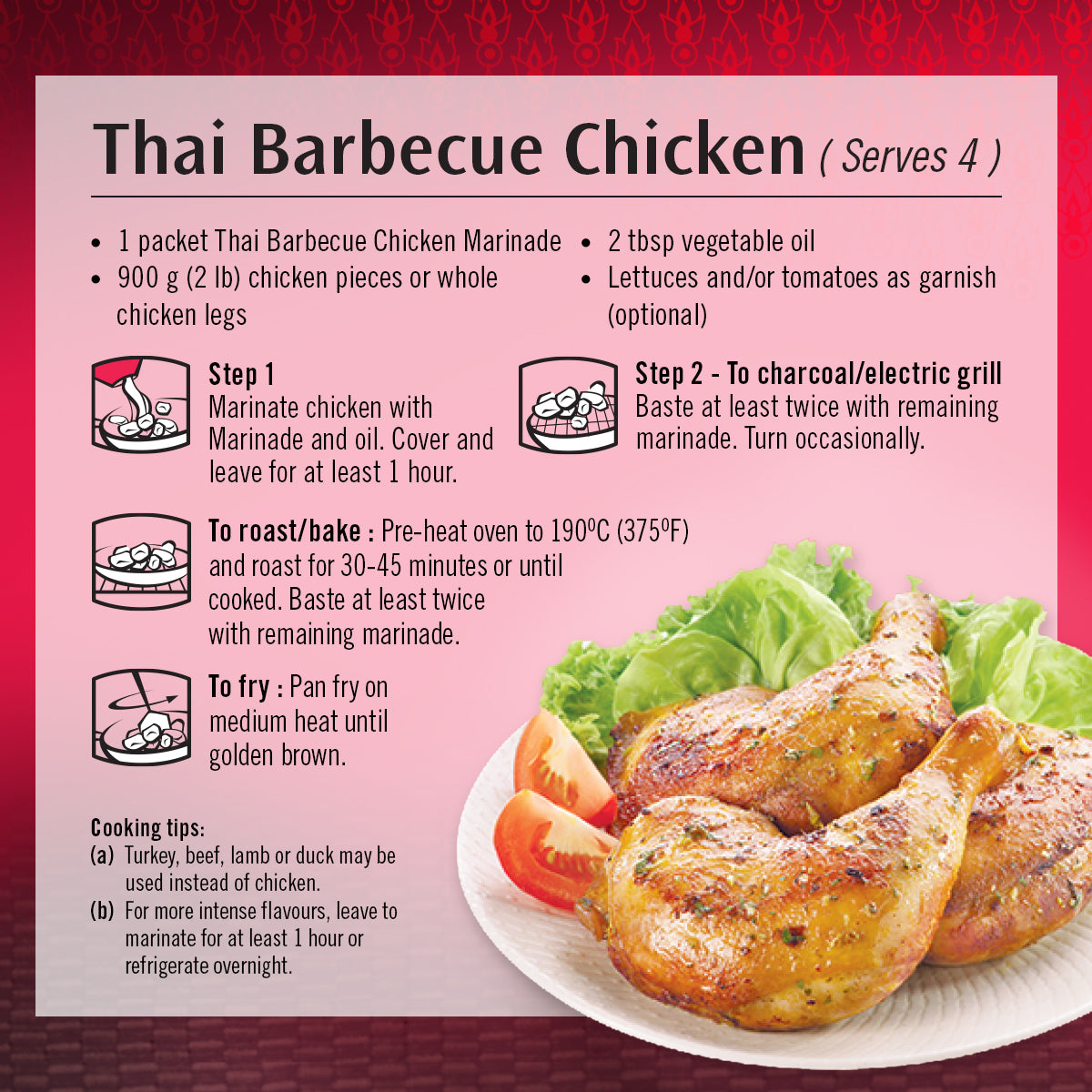 Asian Home Gourmet Thai Barbecue Chicken cooking instructions and the cooked dish.