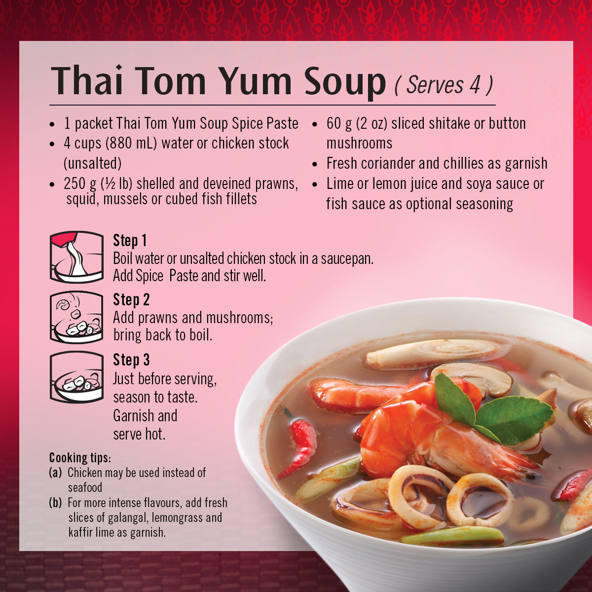 Asian Home Gourmet Thai Tom Yum cooking instructions.
