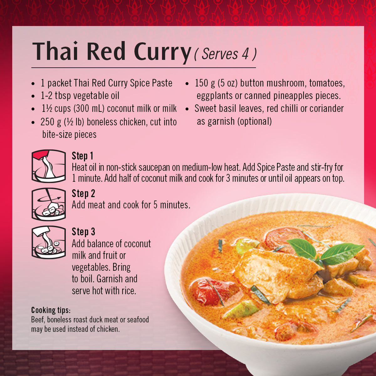 Asian Home Gourmet Thai red curry cooking instructions.