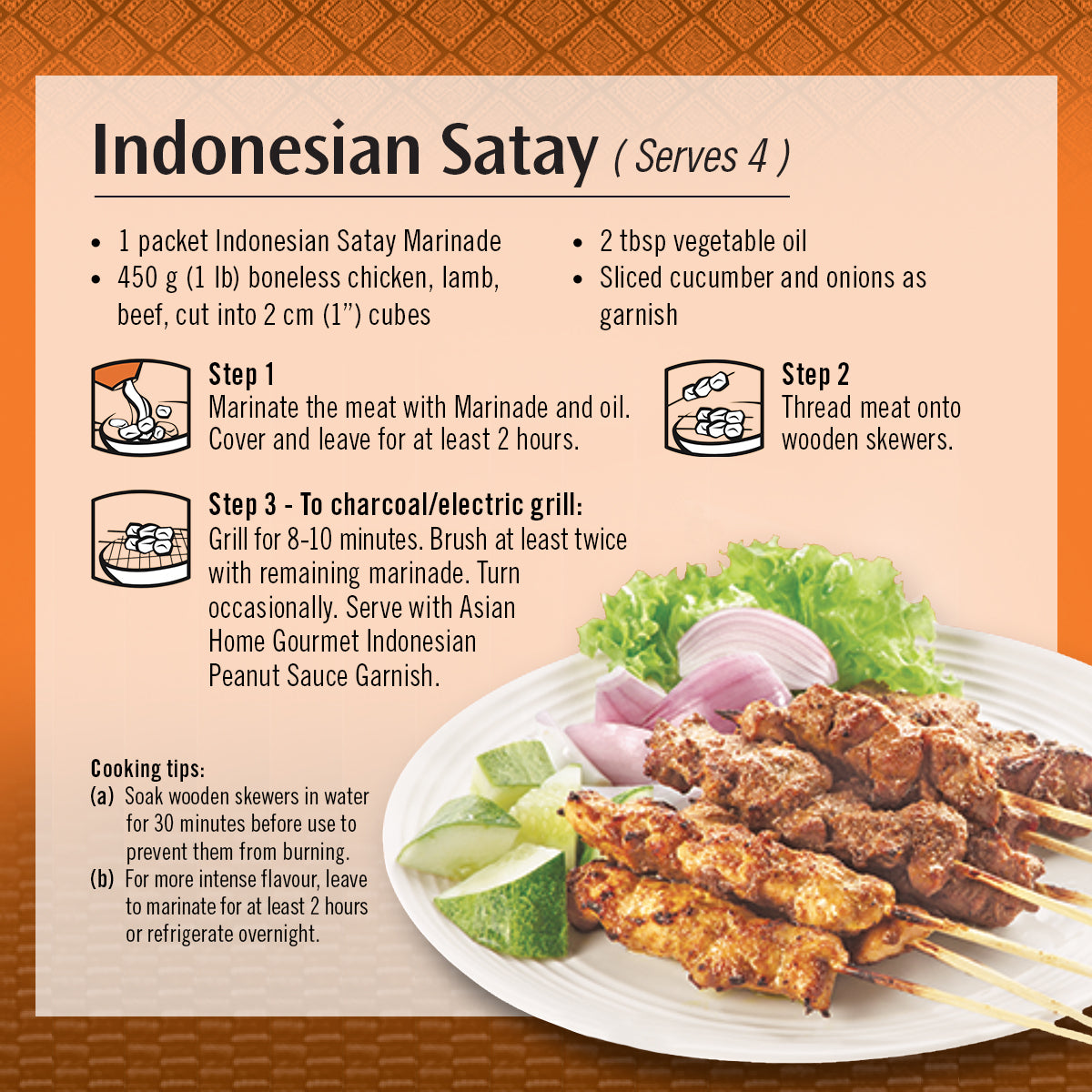 Asian Home Gourmet Marinade for Indonesian Meat Satay cooking instruction.