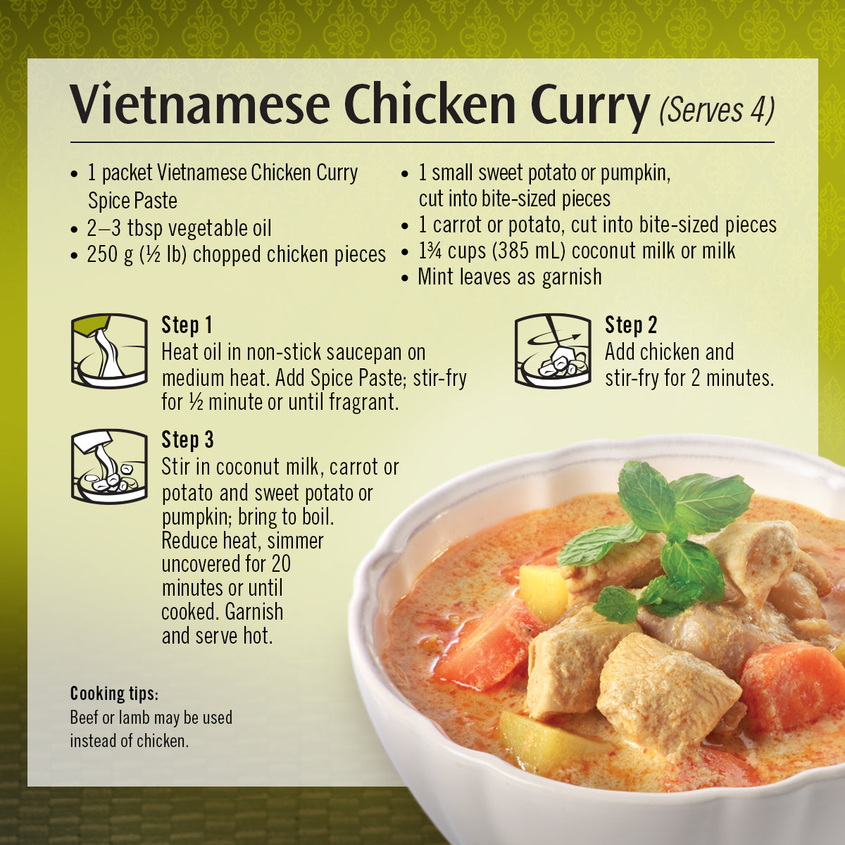 Asian Home Gourmet Vietnamese Chicken Curry cooking instructions.