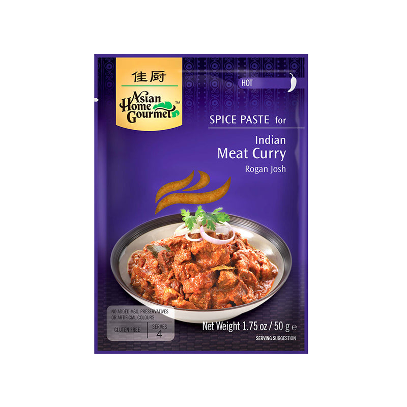 Asian Home Gourmet Spice Paste for Indian Meat Curry - Rogan Josh in 1.75 oz purple sachet. A bowl of meat curry with parsley and onion garnishes is pictured. The sachet is labeled with hot level of spiciness and serves 4.