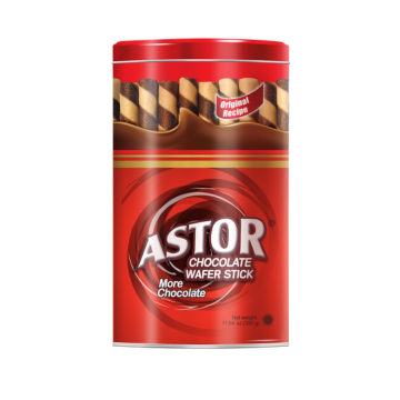 Astor Chocolate Wafer Stick in a red can. A picture of wafer sticks are shown in the can. More chocolate. 