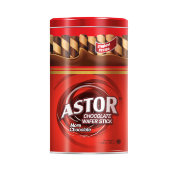Astor Chocolate Wafer Stick in a red can. A picture of wafer sticks are shown in the can. More chocolate.