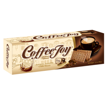A brown carton of Coffee Joy biscuits with a picture of creamy coffee with two thin biscuits  and coffee beans is shown in the front. A picture of a couple in a boat is shown to symbolize an Italian moment. 