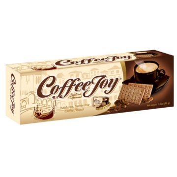 A brown carton of Coffee Joy biscuits with a picture of creamy coffee with two thin biscuits  and coffee beans is shown in the front. A picture of a couple in a boat is shown to symbolize an Italian moment.