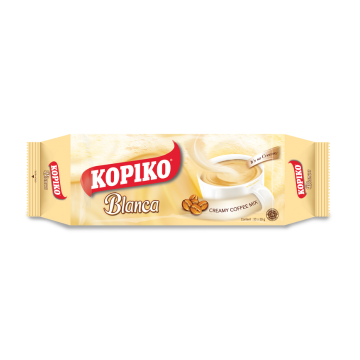 A bag of Kopiko Blanca Instant Coffee Mix, featuring a creamy color packaging with the Kopiko logo and a picture of a creamy and steamy cup of coffee and coffee beans