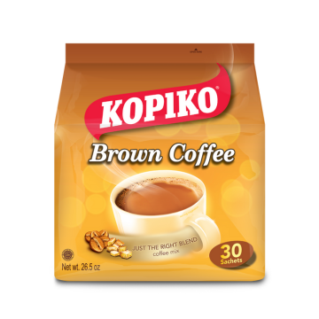 A yellow/brown bag of Kopiko Brown Coffee. A picture of coffee cup filled with creamy milky coffee, sugar cubes, and coffee beans are shown in the front of the bag. Kopiko Brown Coffee just the right blend of coffee mix.