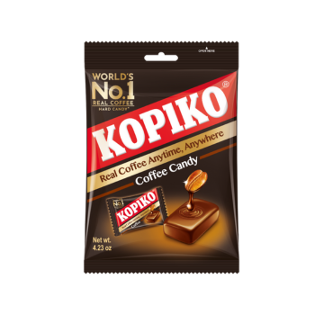 Kopiko Coffee Candy 4.23 oz brown bag. World's No. 1 really coffee hard candy is written on the bag. A picture of coffee bean extract dripping into a piece of coffee candy is portrayed in the front of the bag. Kopiko - real coffee anytime, anywhere.