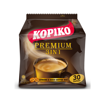 Kopiko Premium 3in1 strong and rich coffee mix in a black/dark brown bag. A picture of creamy, steamy coffee in a cup and coffee beans are shown in the front of the bag. There are 30 sachets in the bag. A big Kopiko logo is shown at the top of the bag.