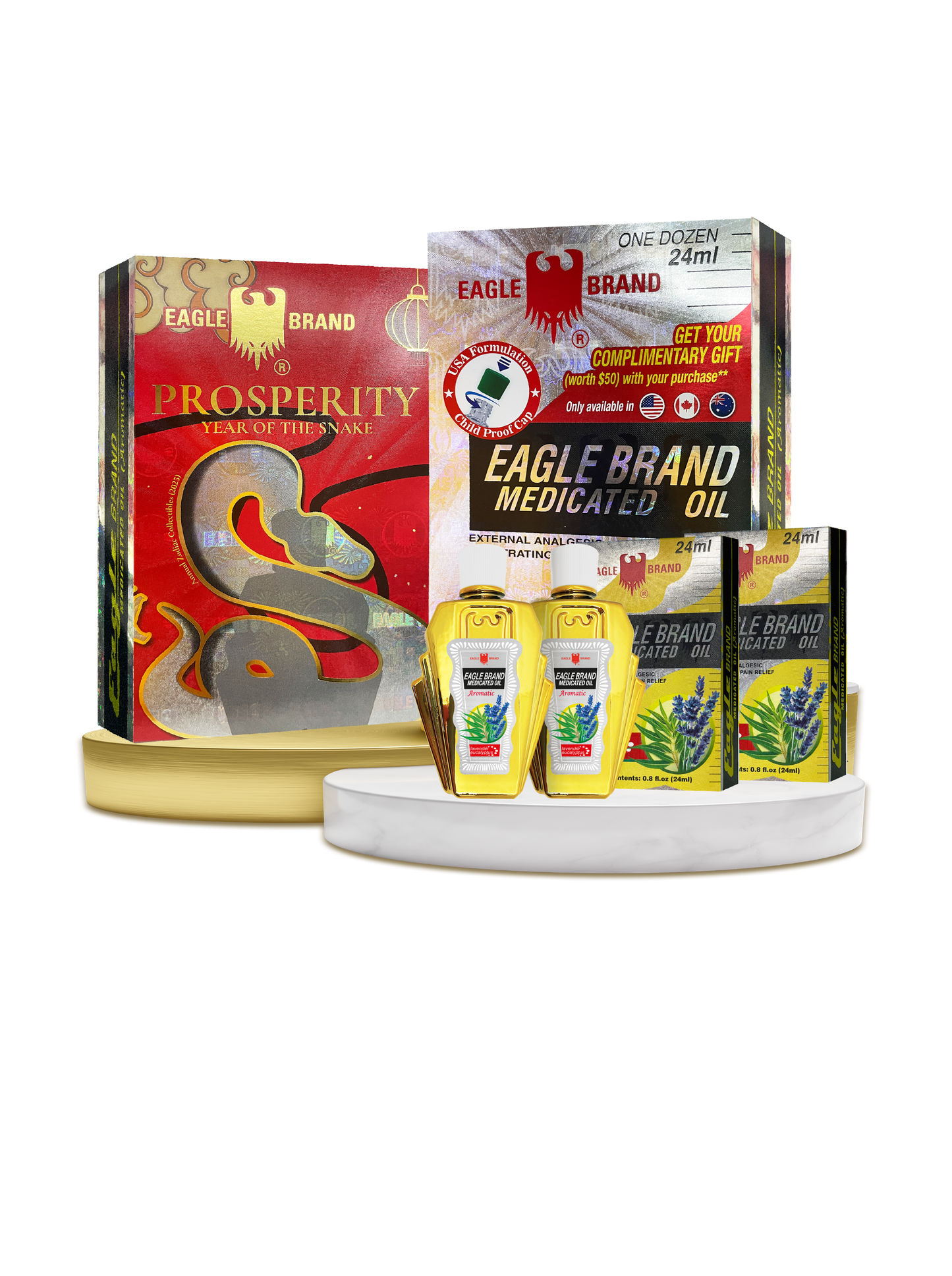 This image showcases a promotional display for Eagle Brand Medicated Oil, featuring various product packaging, including bottles and boxes. Prominent elements include "Prosperity - Year of the Snake" and the signature red and gold design that emphasizes the brand's premium and festive appeal.