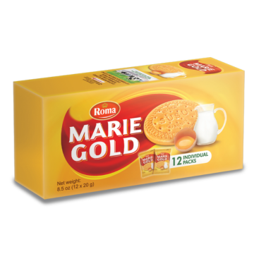 A box of Roma Marie Gold Box, featuring a yellow packaging with Marie biscuit, milk pitcher, half cracked egg showing the yolk is pictured in the front of the box. There are 12 individual packs in the box.