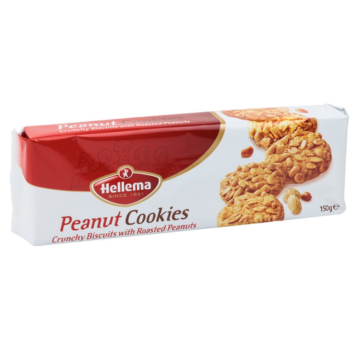 Hellema Peanut Cookies. Crunchy Biscuits with Roasted Peanuts. A picture of four enlarged mouth-watering cookies with roasted peanuts topping is shown in the front package.