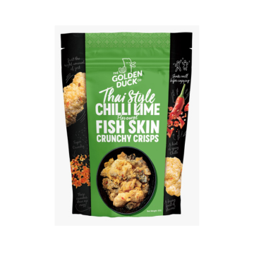 The Golden Duck Thai Style Chili Lime Fish Skin Crunchy Crisps product packaging. The front of the green and black pouch displays bold white text, featuring the product name. The bag shows images of crispy fish skin pieces and chili flakes, along with red chili illustrations on the side. The package highlights that the snack is made with a blend of lime, chili, and garlic for a bold and crunchy experience.