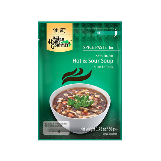 Asian Home Gourmet Spice Paste for Szechuan Hot & Sour Soup in 1.75 oz green sachet. A bowl of hot & sour soup tofu is pictured. Sachet is labeled hot / spicy level and serves 4.