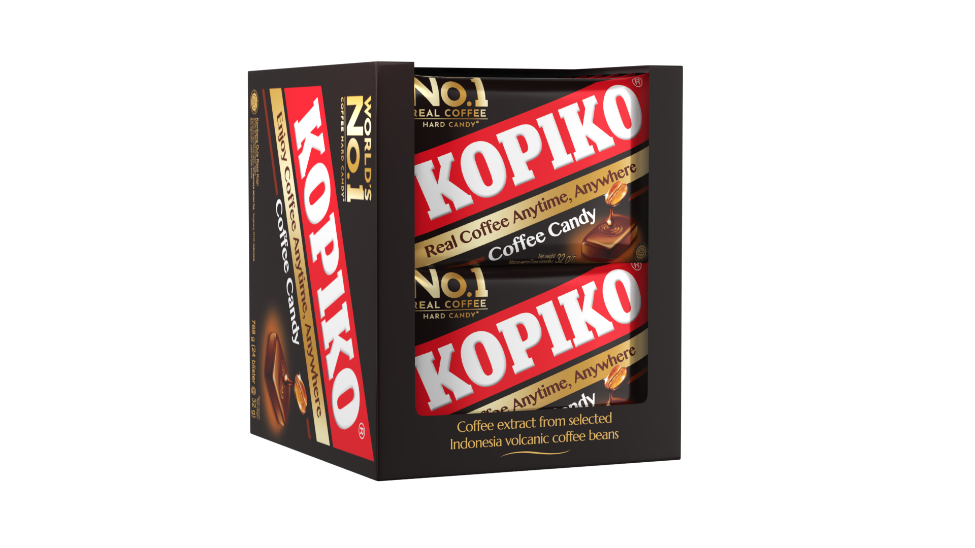 Kopiko World's #1 Hard coffee candy. Made of real coffee. Real coffee anytime, anywhere. Display box with blister packs front facing.