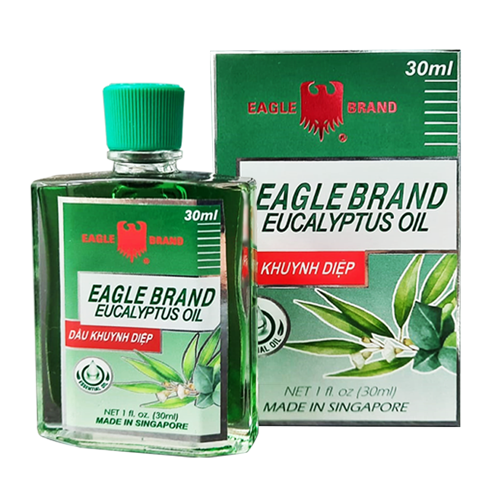 Eagle Brand Eucalyptus Oil Dau Khuynh Diep. 100% Eucalyptus Oil. Green bottle with child-proof cap and green box.