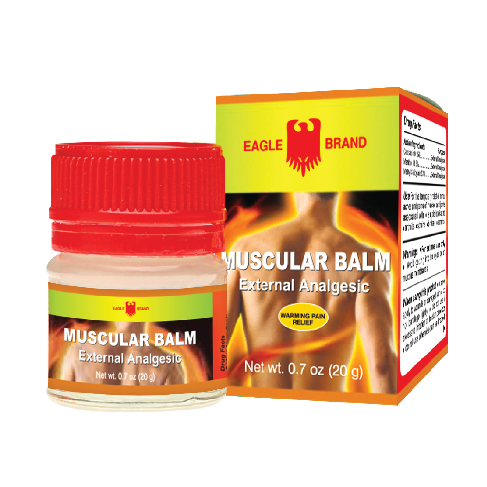 Eagle Brand External Analgesic Muscular Balm in red cap, orange and green small container. Warming pain relief 20 gram.