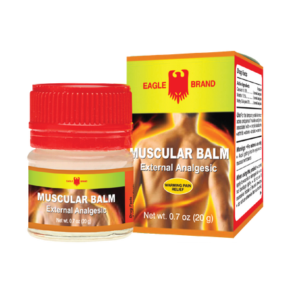 Eagle Brand External Analgesic Muscular Balm in red cap, orange and green small container. Warming pain relief 20 gram.