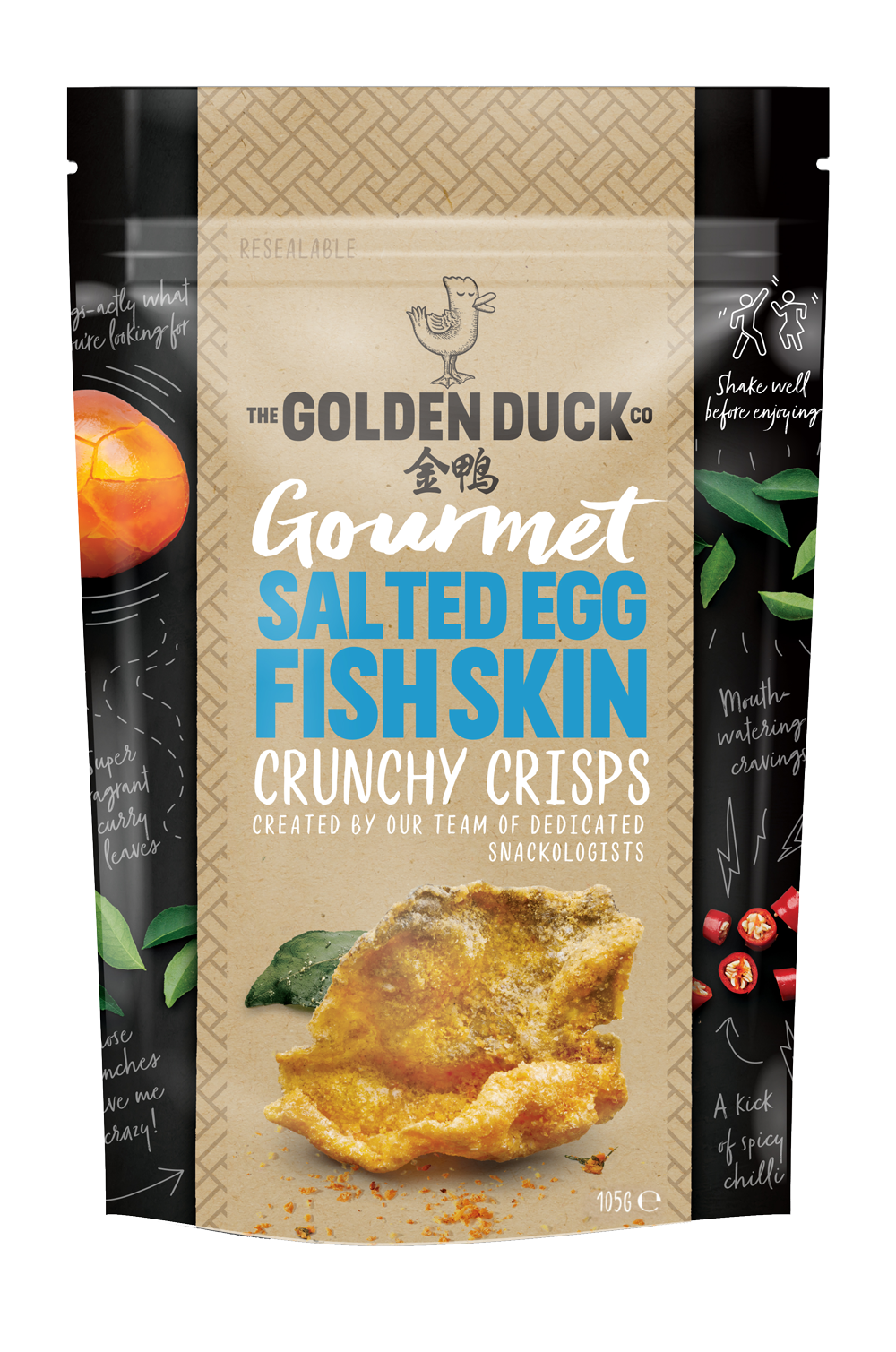 A bag of Golden Duck Gourmet Salted Egg Fish Skin Crunchy Crisps. A piece of Fish Skin snack is pictured in the bag 105 gr.