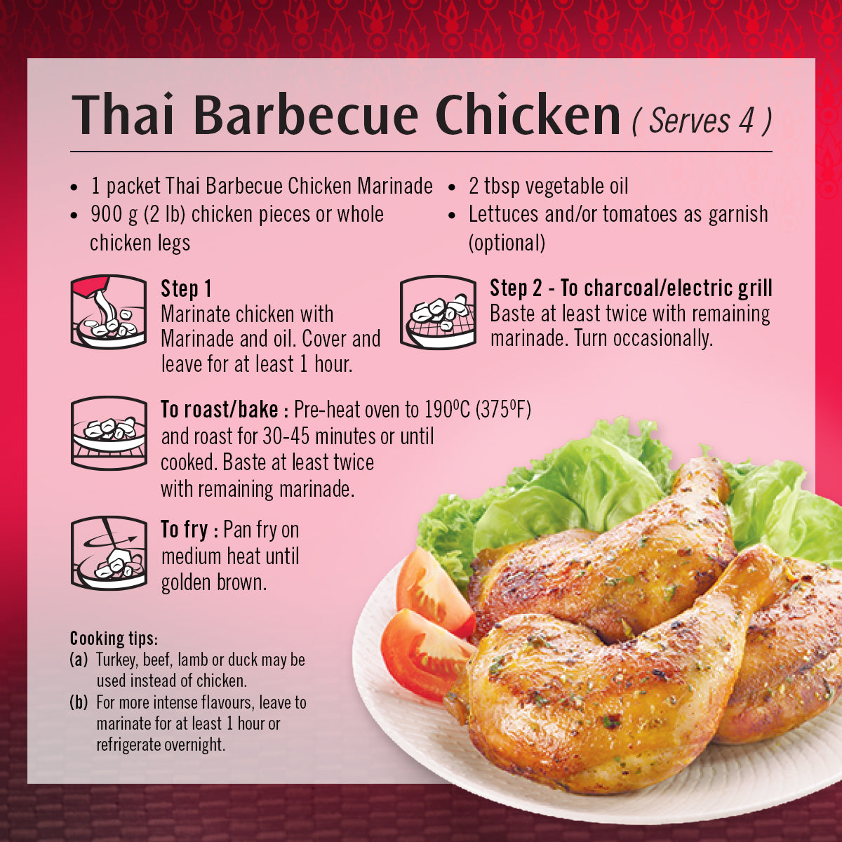 Asian Home Gourmet Thai Barbecue Chicken cooking instructions and the cooked dish. 