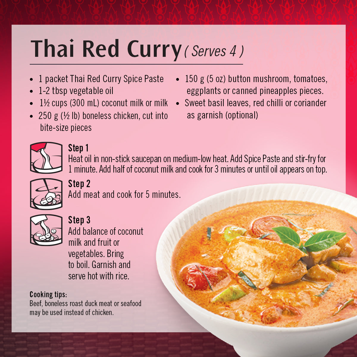 Asian Home Gourmet Thai red curry cooking instructions. 